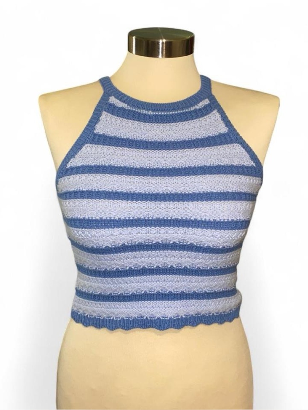 Art Class Light Blue and Navy Striped Crochet Top